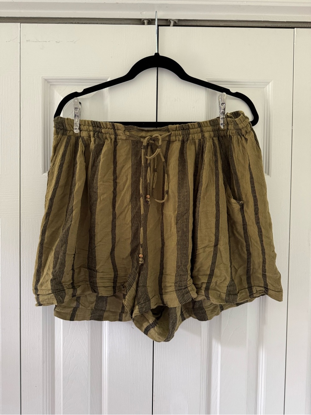 ARULA Olive and Brown Striped High Waist Drawstring Shorts